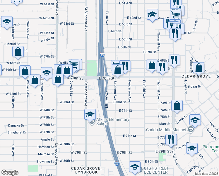 map of restaurants, bars, coffee shops, grocery stores, and more near 128 East 72nd Street in Shreveport