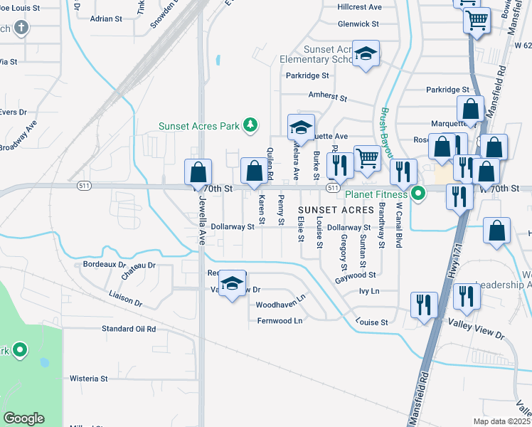 map of restaurants, bars, coffee shops, grocery stores, and more near 7033 Karen Street in Shreveport