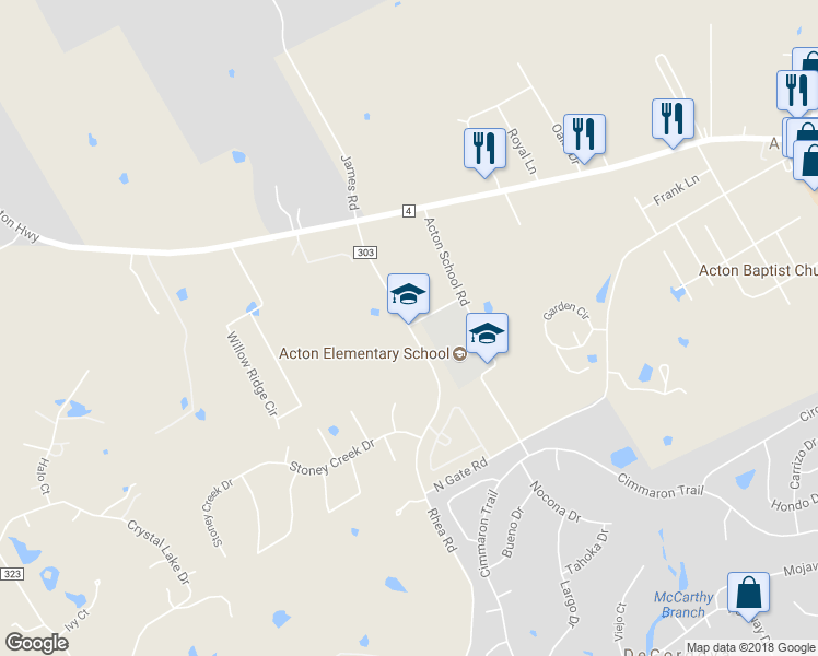 map of restaurants, bars, coffee shops, grocery stores, and more near 2928 James Road in Granbury