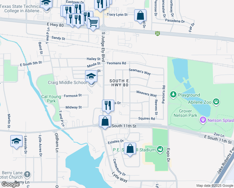 map of restaurants, bars, coffee shops, grocery stores, and more near 833 Chanticleers Lane in Abilene