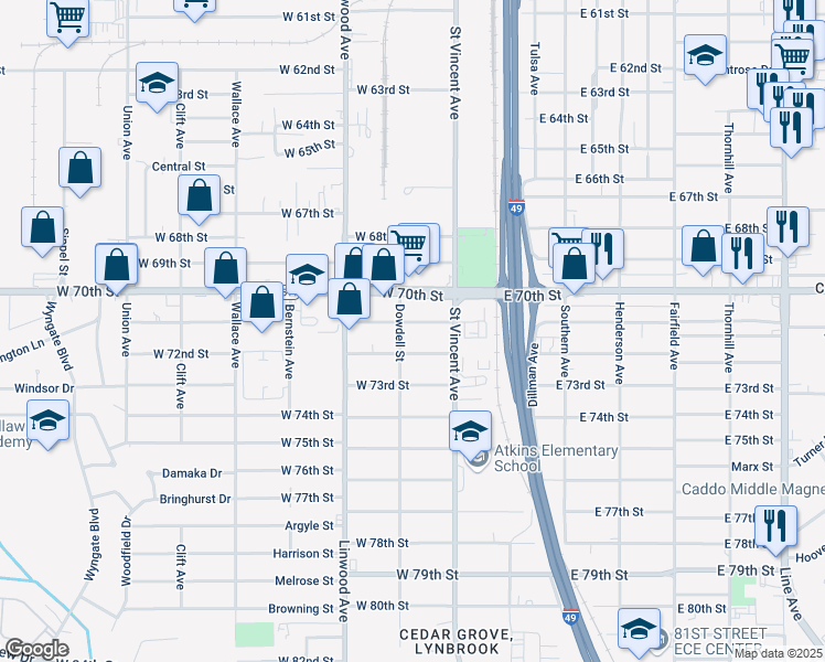 map of restaurants, bars, coffee shops, grocery stores, and more near 269 West 71st Street in Shreveport