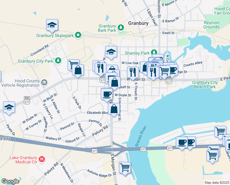 map of restaurants, bars, coffee shops, grocery stores, and more near 223 South Morgan Street in Granbury