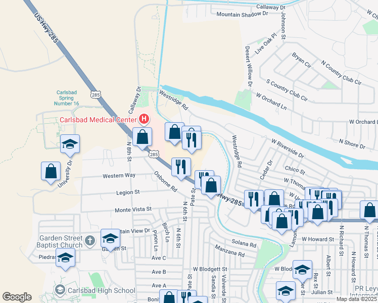 map of restaurants, bars, coffee shops, grocery stores, and more near 2302 West Pierce Street in Carlsbad
