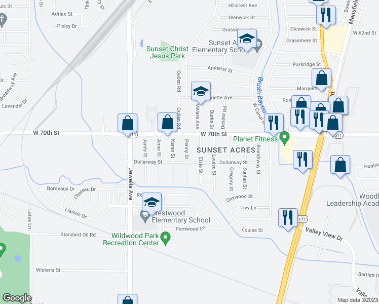 map of restaurants, bars, coffee shops, grocery stores, and more near 7029 Penny Street in Shreveport