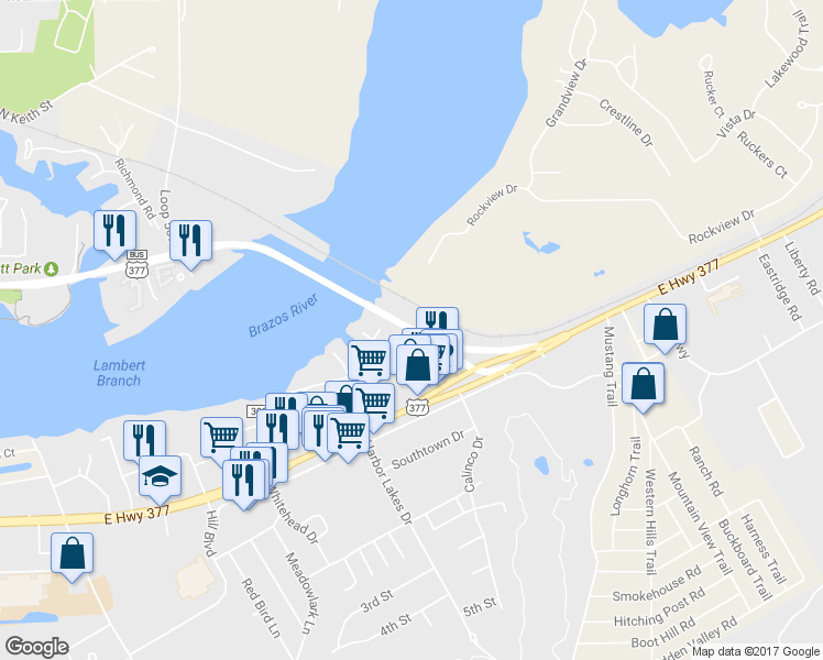 map of restaurants, bars, coffee shops, grocery stores, and more near 1451 East Pearl Street in Granbury