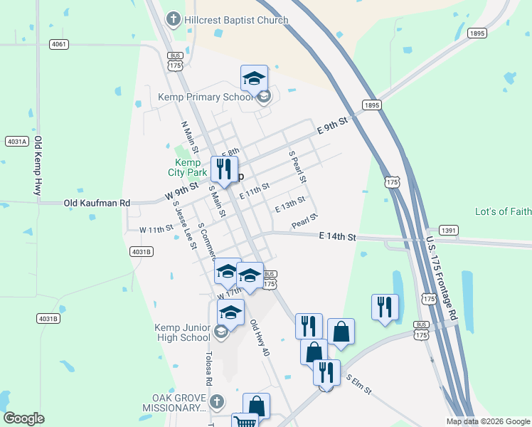 map of restaurants, bars, coffee shops, grocery stores, and more near 503 South Dallas Street in Kemp