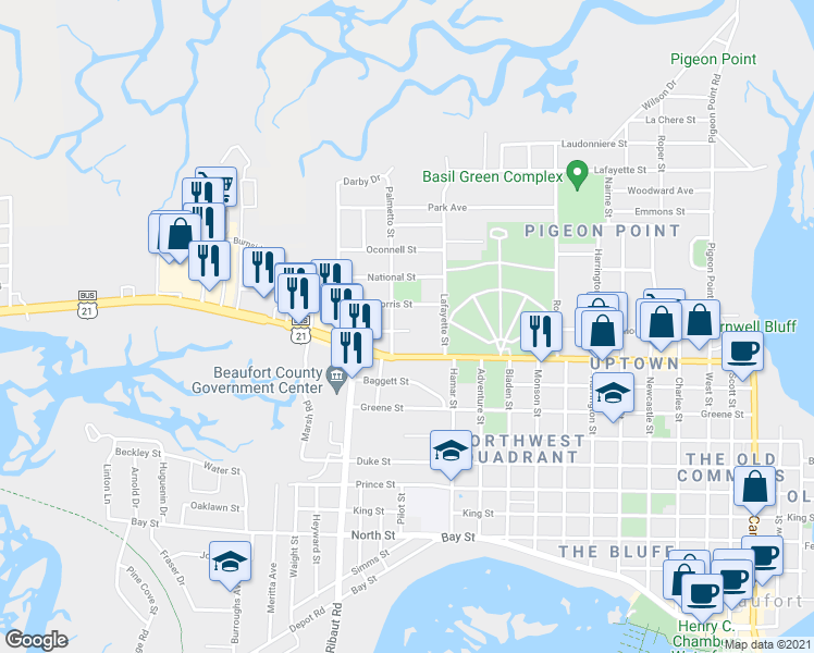 map of restaurants, bars, coffee shops, grocery stores, and more near 1813 Lovejoy Street in Beaufort