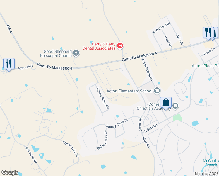map of restaurants, bars, coffee shops, grocery stores, and more near 4751 Acton Highway in Granbury