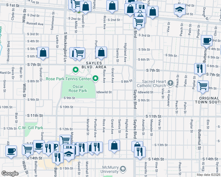 map of restaurants, bars, coffee shops, grocery stores, and more near 858 Grand Avenue in Abilene