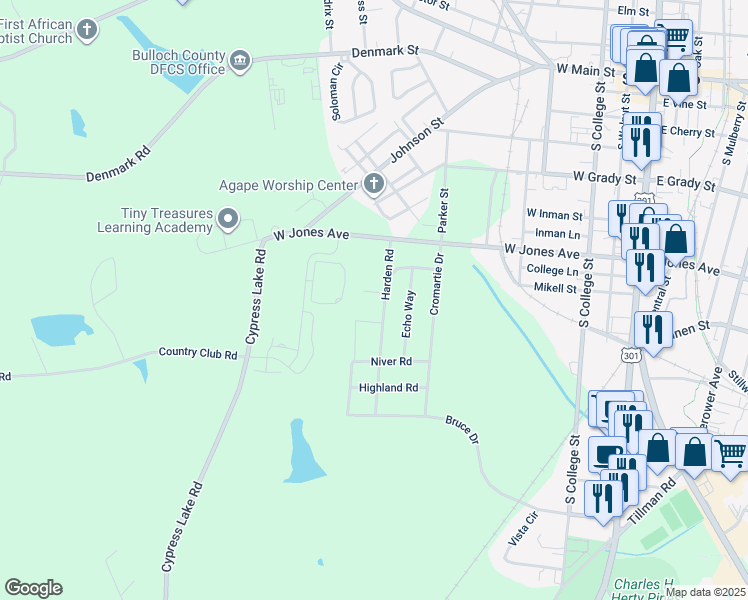 map of restaurants, bars, coffee shops, grocery stores, and more near 112 Harden Road in Statesboro