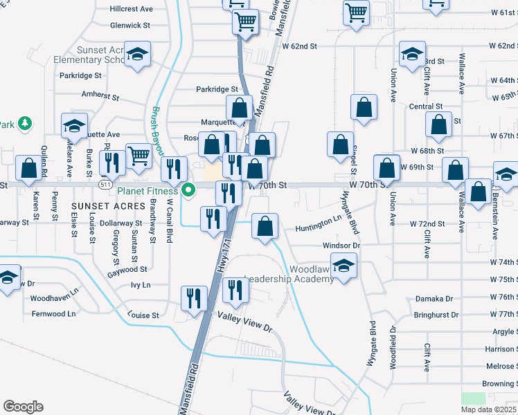 map of restaurants, bars, coffee shops, grocery stores, and more near 1111 West 70th Street in Shreveport