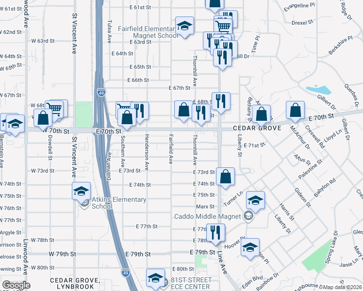 map of restaurants, bars, coffee shops, grocery stores, and more near 7113 Fairfield Avenue in Shreveport