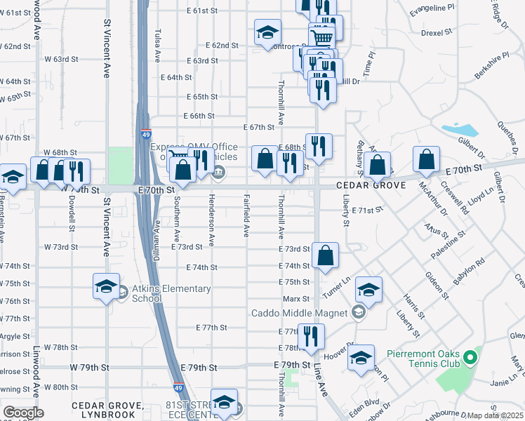 map of restaurants, bars, coffee shops, grocery stores, and more near 455 East 71st Street in Shreveport