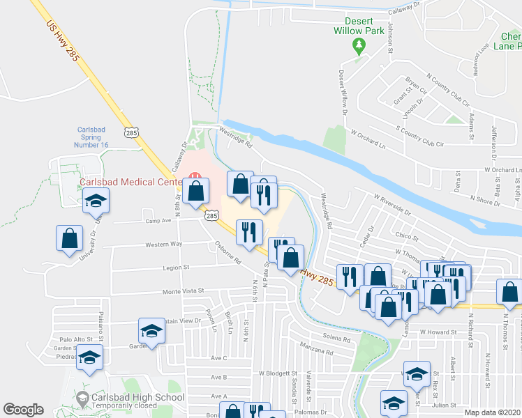 map of restaurants, bars, coffee shops, grocery stores, and more near 2302 West Pierce Street in Carlsbad