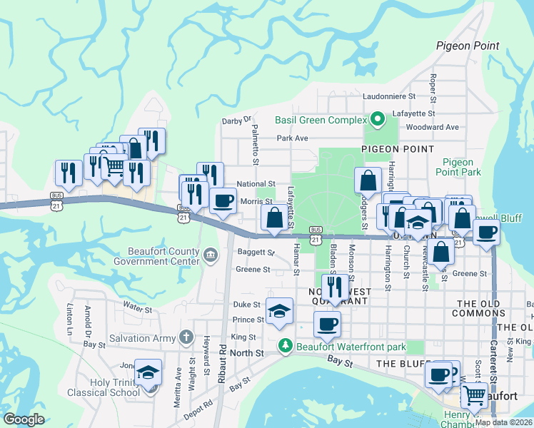 map of restaurants, bars, coffee shops, grocery stores, and more near 1813 Lovejoy Street in Beaufort