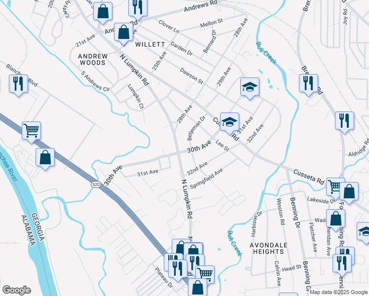 map of restaurants, bars, coffee shops, grocery stores, and more near 189 30th Avenue in Columbus
