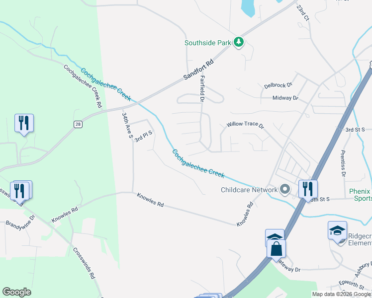 map of restaurants, bars, coffee shops, grocery stores, and more near 7 Brentwood Drive in Phenix City