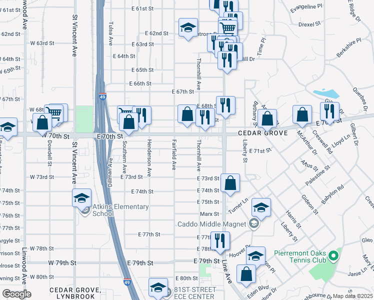 map of restaurants, bars, coffee shops, grocery stores, and more near 459 East 71st Street in Shreveport