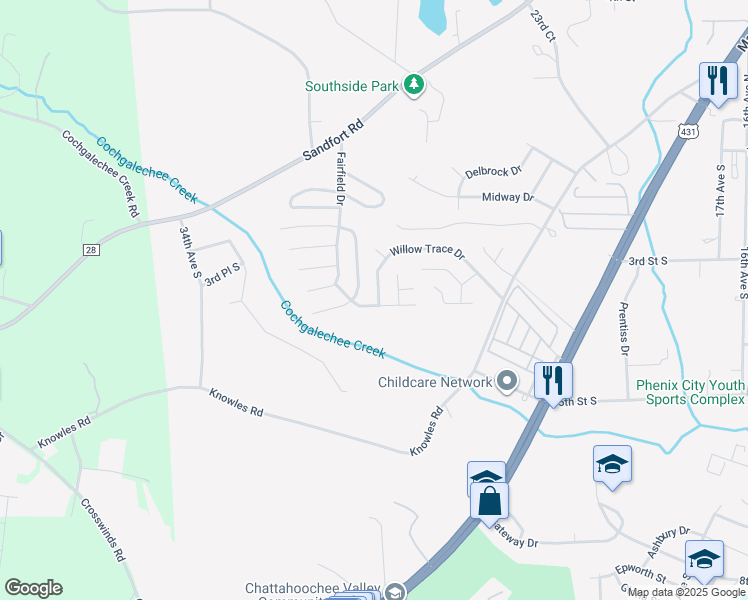 map of restaurants, bars, coffee shops, grocery stores, and more near 18 Forest Ridge Lane in Phenix City