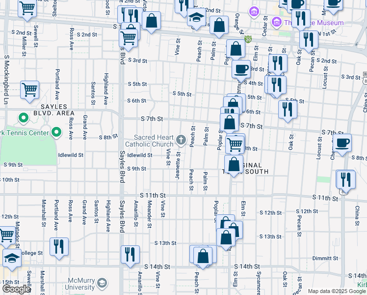 map of restaurants, bars, coffee shops, grocery stores, and more near 1633 South 8th Street in Abilene
