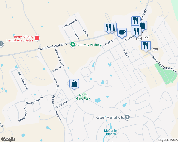 map of restaurants, bars, coffee shops, grocery stores, and more near 5426 Garden Circle in Granbury