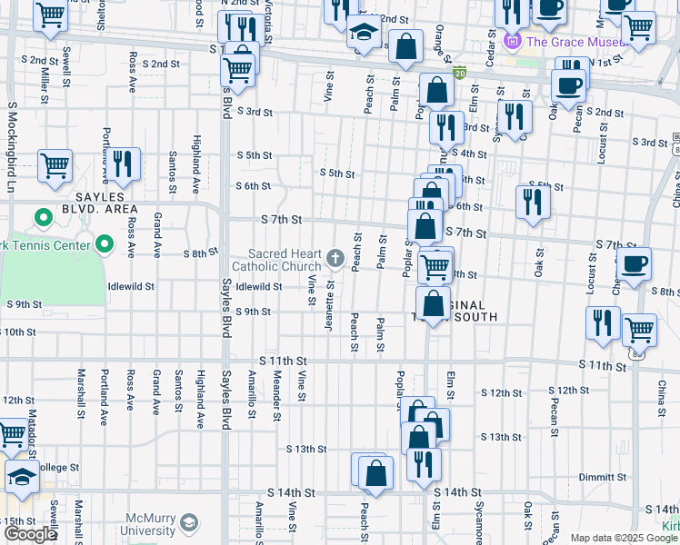 map of restaurants, bars, coffee shops, grocery stores, and more near 1633 South 8th Street in Abilene