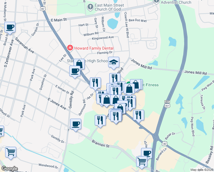 map of restaurants, bars, coffee shops, grocery stores, and more near 4 Lester Road in Statesboro