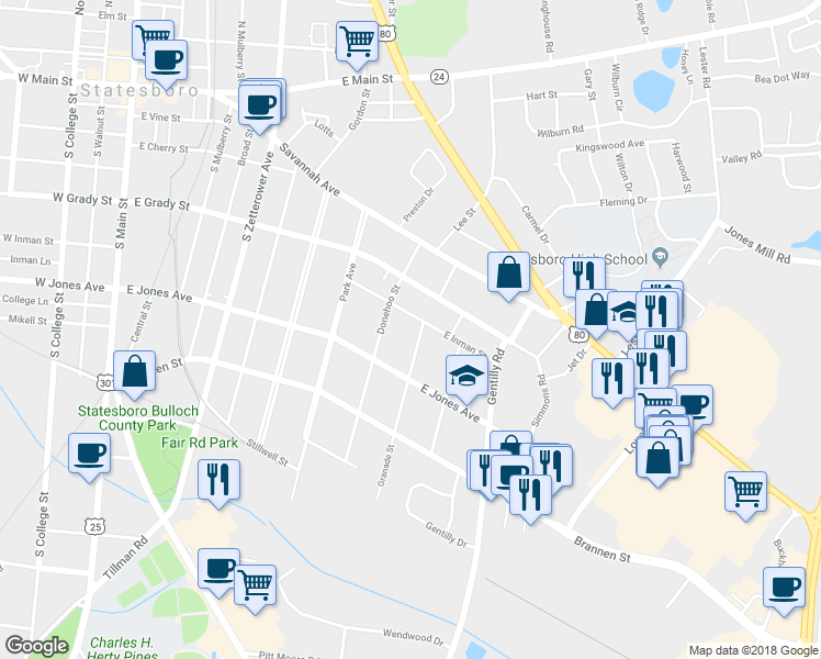 map of restaurants, bars, coffee shops, grocery stores, and more near 302 Granade Street in Statesboro