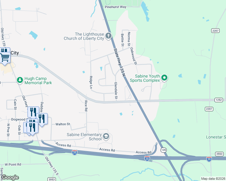 map of restaurants, bars, coffee shops, grocery stores, and more near 129 Ridge Lane in Kilgore