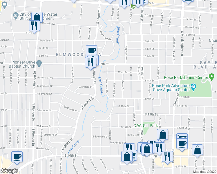 map of restaurants, bars, coffee shops, grocery stores, and more near 825 Rivercrest Drive in Abilene