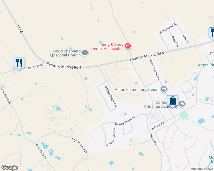 map of restaurants, bars, coffee shops, grocery stores, and more near 2933 Willow Ridge Circle in Granbury