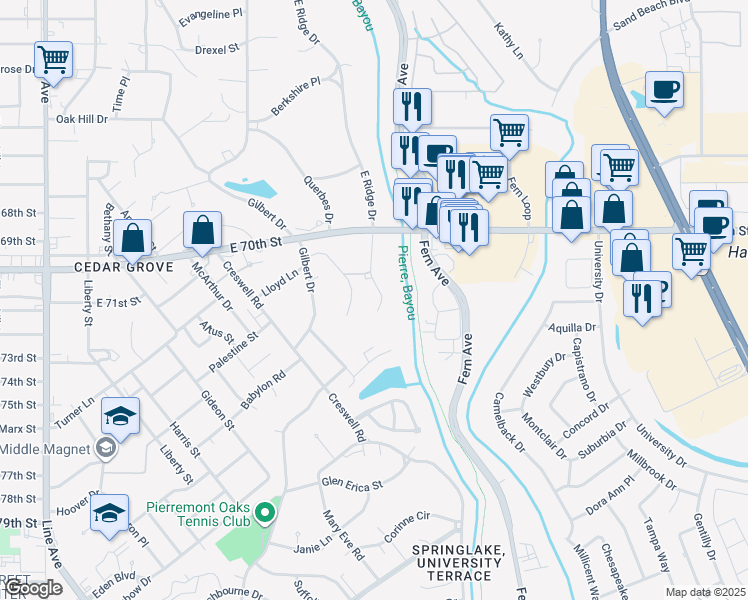 map of restaurants, bars, coffee shops, grocery stores, and more near 7210 East Ridge Drive in Shreveport
