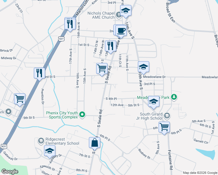 map of restaurants, bars, coffee shops, grocery stores, and more near 401 South Seale Road in Phenix City