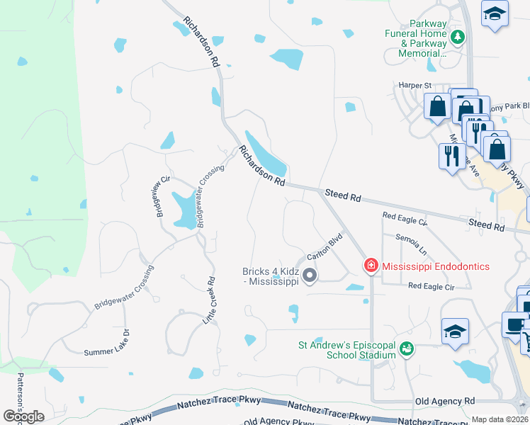 map of restaurants, bars, coffee shops, grocery stores, and more near 329 Hillview Drive in Ridgeland