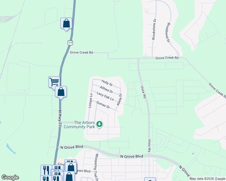 map of restaurants, bars, coffee shops, grocery stores, and more near 130 Althea Drive in Waxahachie