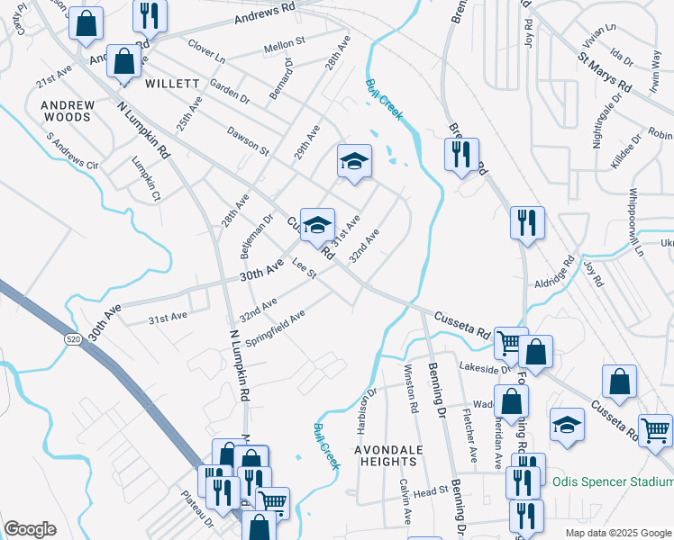 map of restaurants, bars, coffee shops, grocery stores, and more near 288 32nd Avenue in Columbus