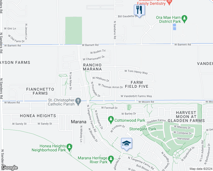 map of restaurants, bars, coffee shops, grocery stores, and more near 11854 West Thomas Arron Drive in Marana