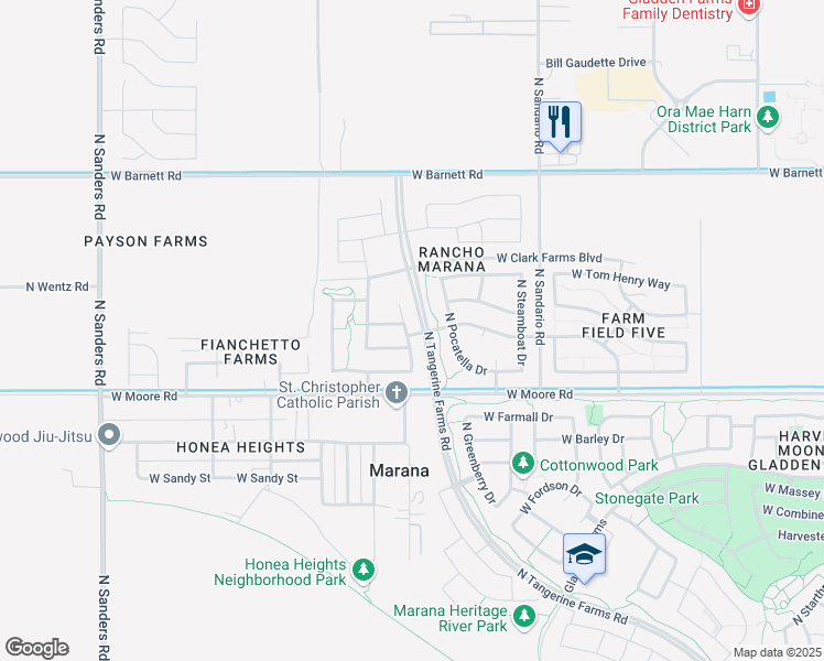 map of restaurants, bars, coffee shops, grocery stores, and more near 12924 North Sabal Palm Way in Marana