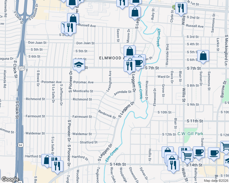 map of restaurants, bars, coffee shops, grocery stores, and more near 4098 Avondale Street in Abilene