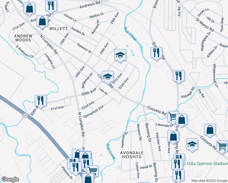 map of restaurants, bars, coffee shops, grocery stores, and more near 3207 Lee Street in Columbus