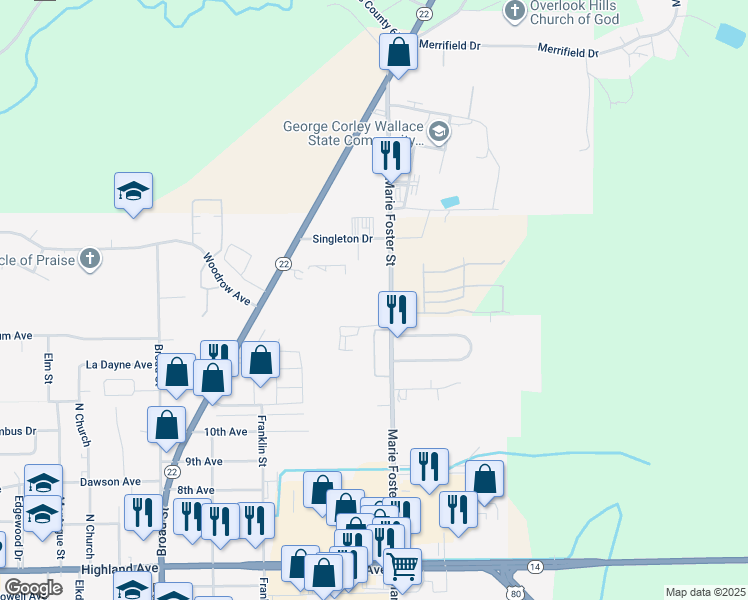 map of restaurants, bars, coffee shops, grocery stores, and more near 2805 Earl Goodwin Parkway in Selma