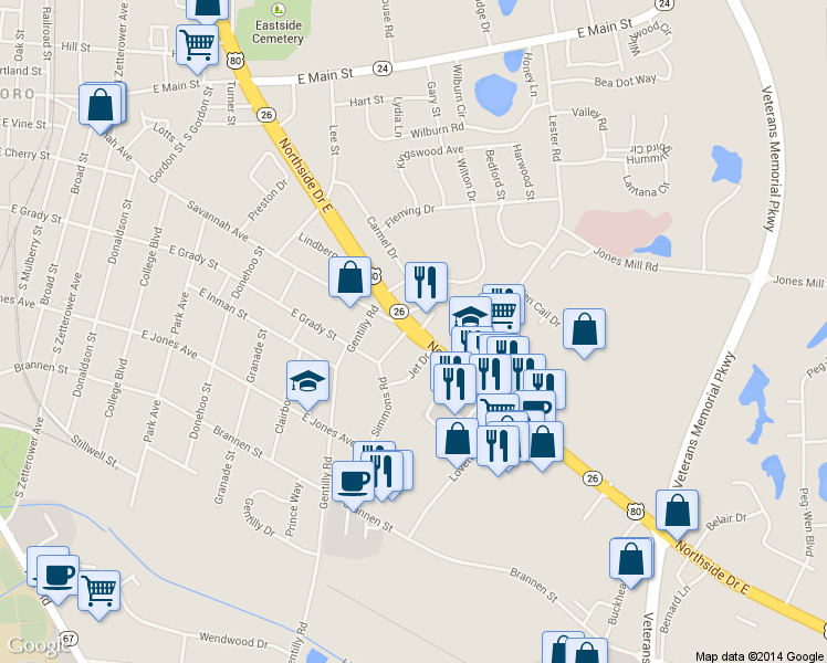 map of restaurants, bars, coffee shops, grocery stores, and more near 418 Northside Dr E in Statesboro