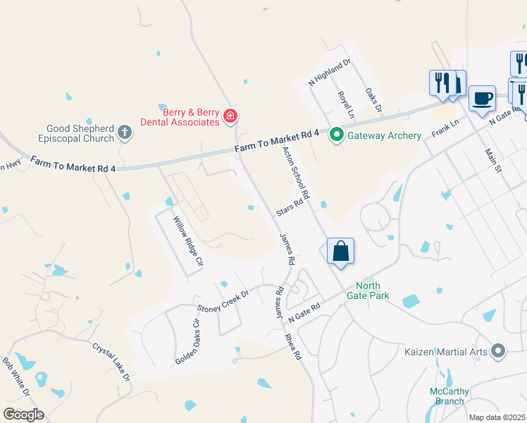 map of restaurants, bars, coffee shops, grocery stores, and more near 2912 James Road in Granbury