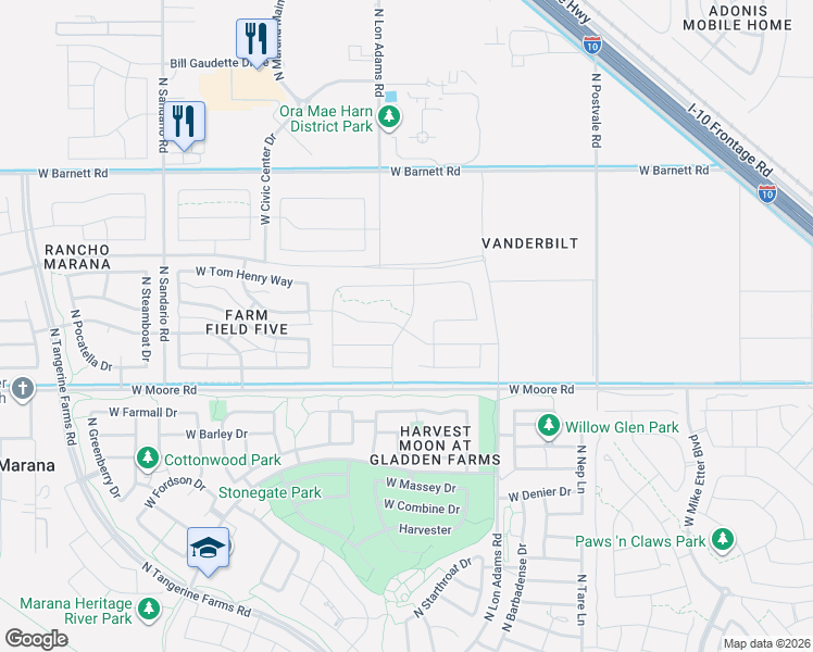 map of restaurants, bars, coffee shops, grocery stores, and more near 11336-11688 W Moore Rd in Marana