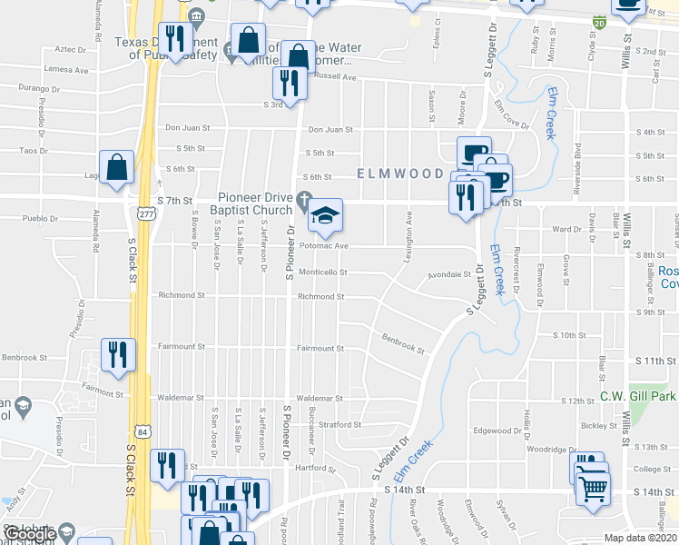 map of restaurants, bars, coffee shops, grocery stores, and more near Westridge Drive in Abilene