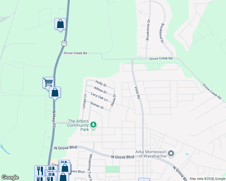 map of restaurants, bars, coffee shops, grocery stores, and more near 130 Althea Drive in Waxahachie
