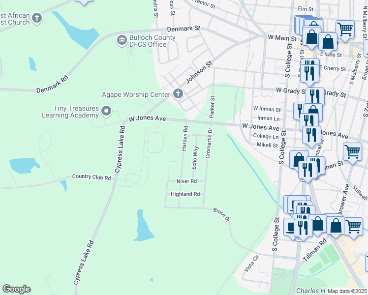 map of restaurants, bars, coffee shops, grocery stores, and more near 107 Bonielane Drive in Statesboro