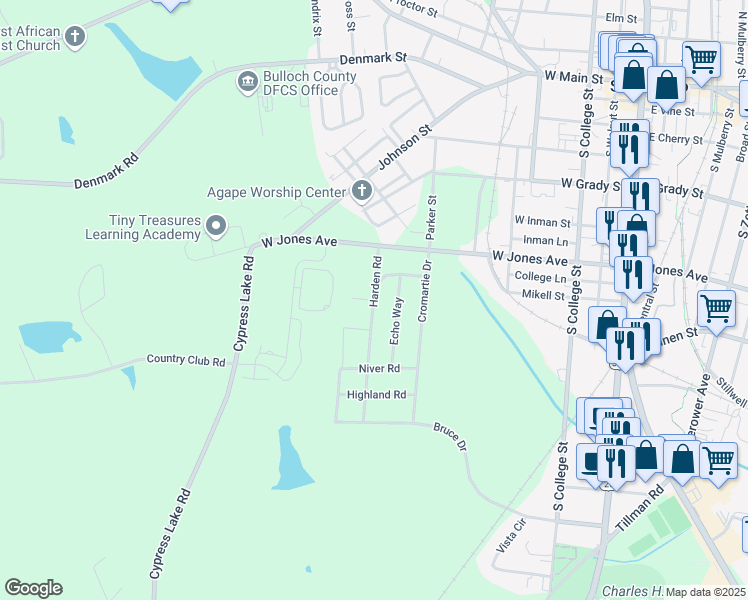 map of restaurants, bars, coffee shops, grocery stores, and more near 125 Bonielane Drive in Statesboro