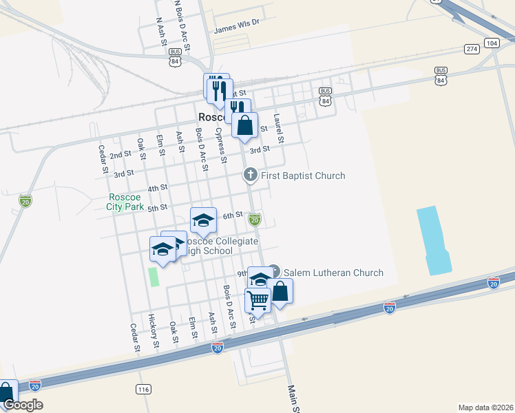map of restaurants, bars, coffee shops, grocery stores, and more near 603 Main Street in Roscoe