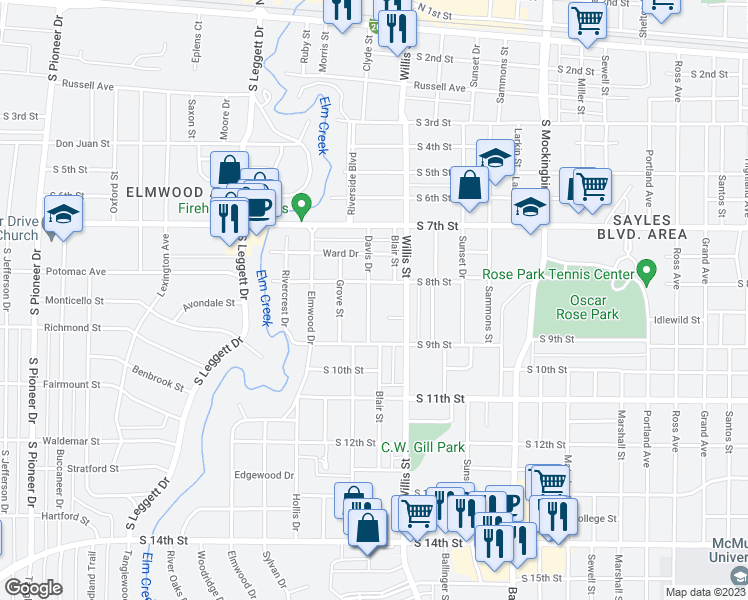 map of restaurants, bars, coffee shops, grocery stores, and more near 825 Davis Drive in Abilene